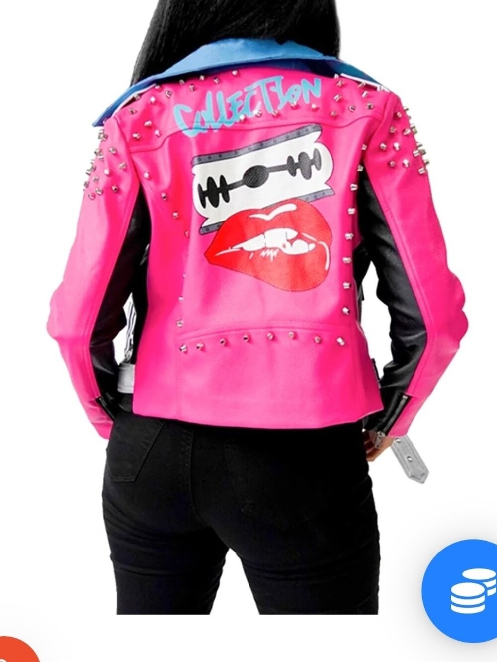 Azalea Wang pink and black faux leather studded graffiti moto jacket. - Picture 2 of 8